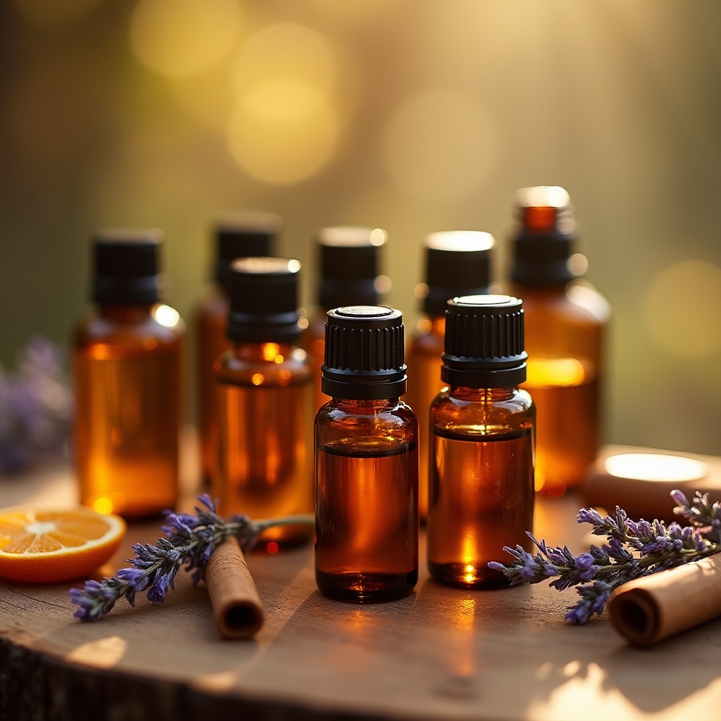 Frascos de aceites esenciales naturales organizados en el taller artesanal