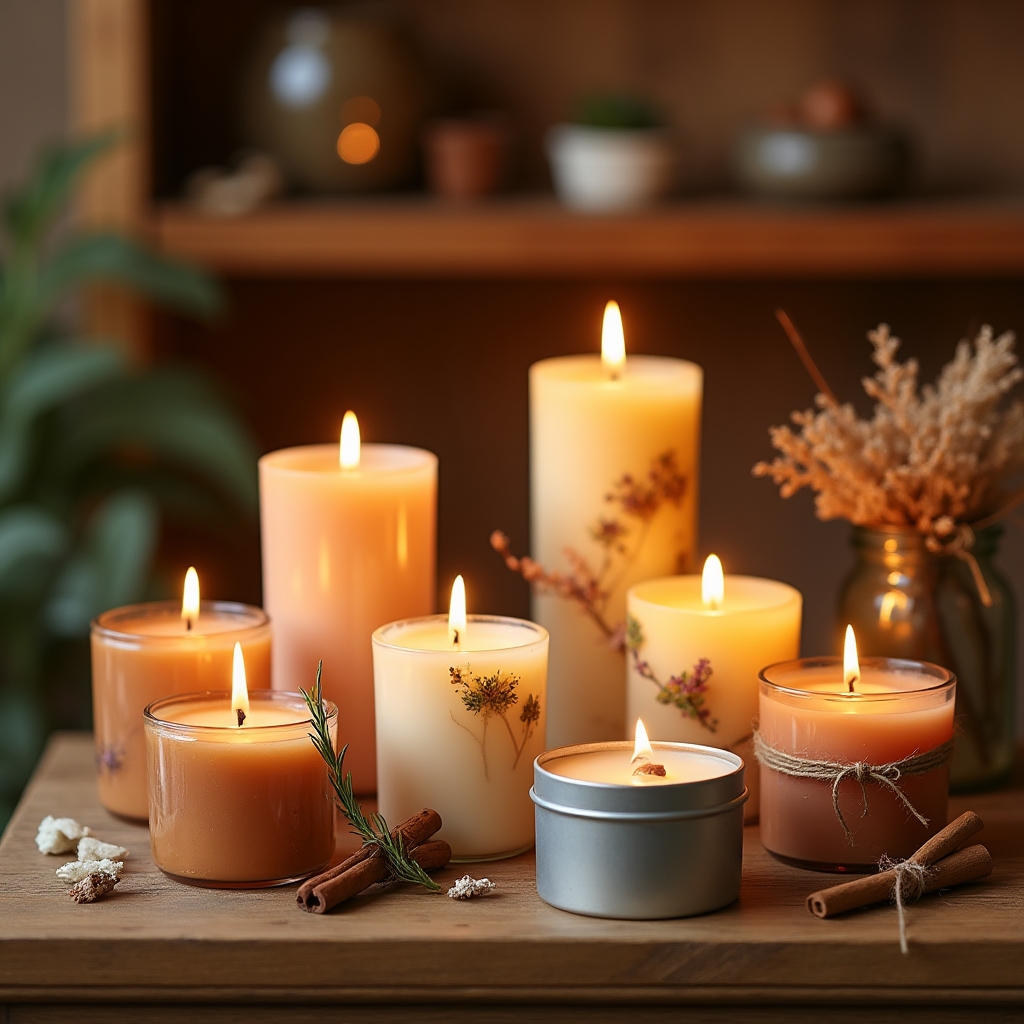 Velas artesanales terminadas con distintos acabados naturales y aromas