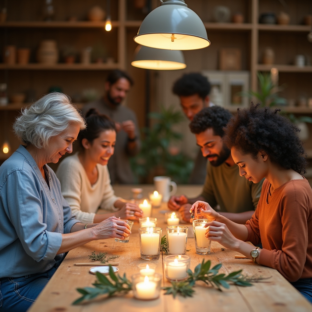 Grupo de personas participando en taller artesanal de velas en Gijón